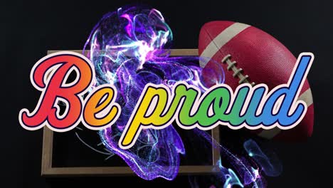 animation of be proud text, abstract pattern over rugby ball and game plan on slate