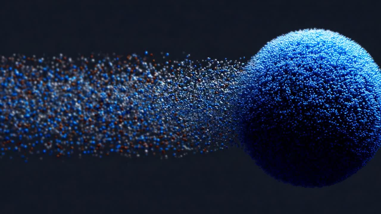 A mesmerizing animated sequence showcasing a vibrant blue sphere dispersing particles, creating a visually stunning effect that captures the essence of motion and transformation
