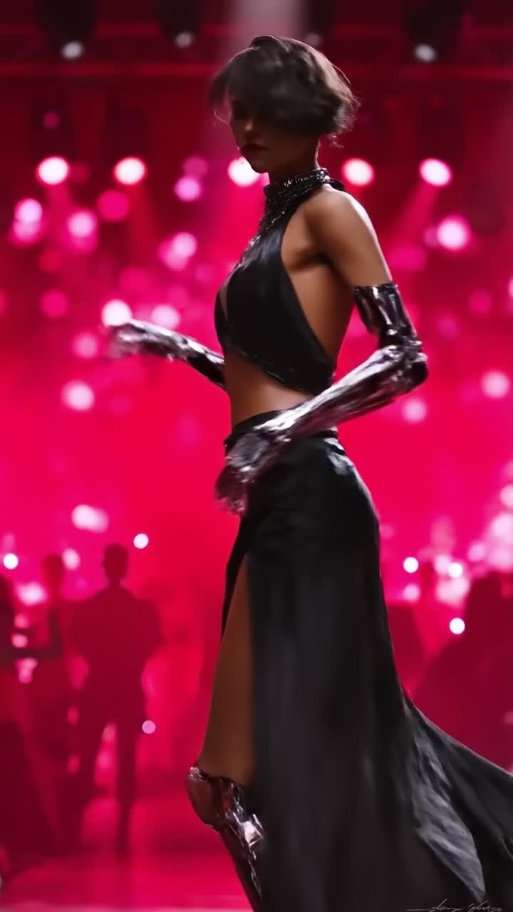 Elegante androide femmina in abito nero con braccio bionico che cammina a una mostra di tecnologia