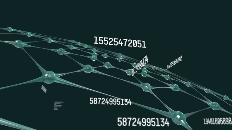Animation of scientific data processing over web of connections on black background
