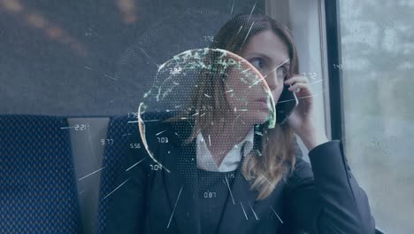 Animation-of-global-network-and-data-processing,-over-businesswoman-on-train-talking-on-smartphone