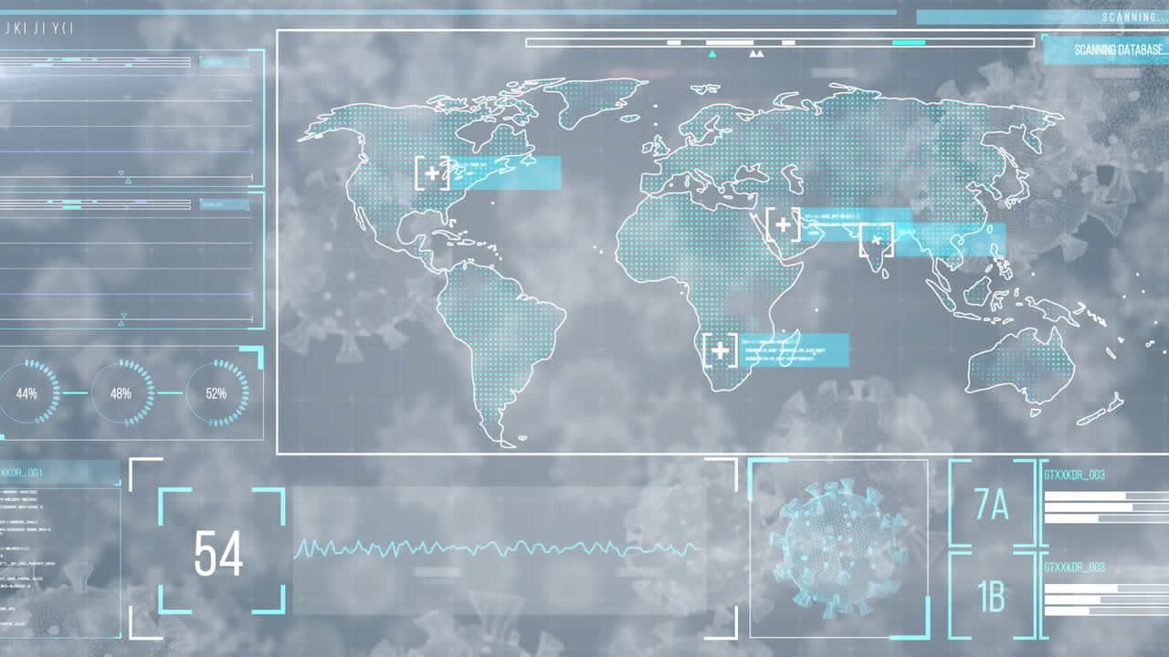 animación de la célula de covid 19 sobre estadísticas mapa del mundo y procesamiento de datos