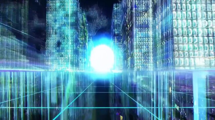 Abstract Digital Cityscape with Binary Code and Expanding Light