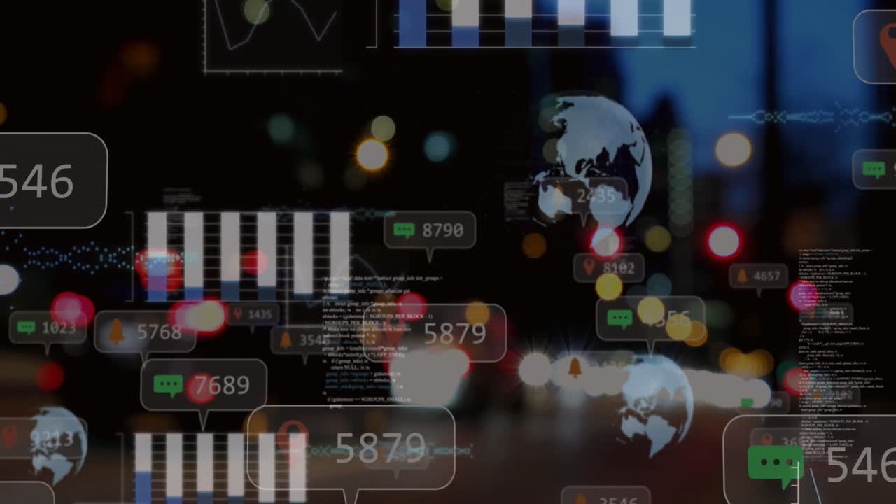animación de iconos de redes sociales y procesamiento de datos contra el tráfico nocturno de la ciudad.