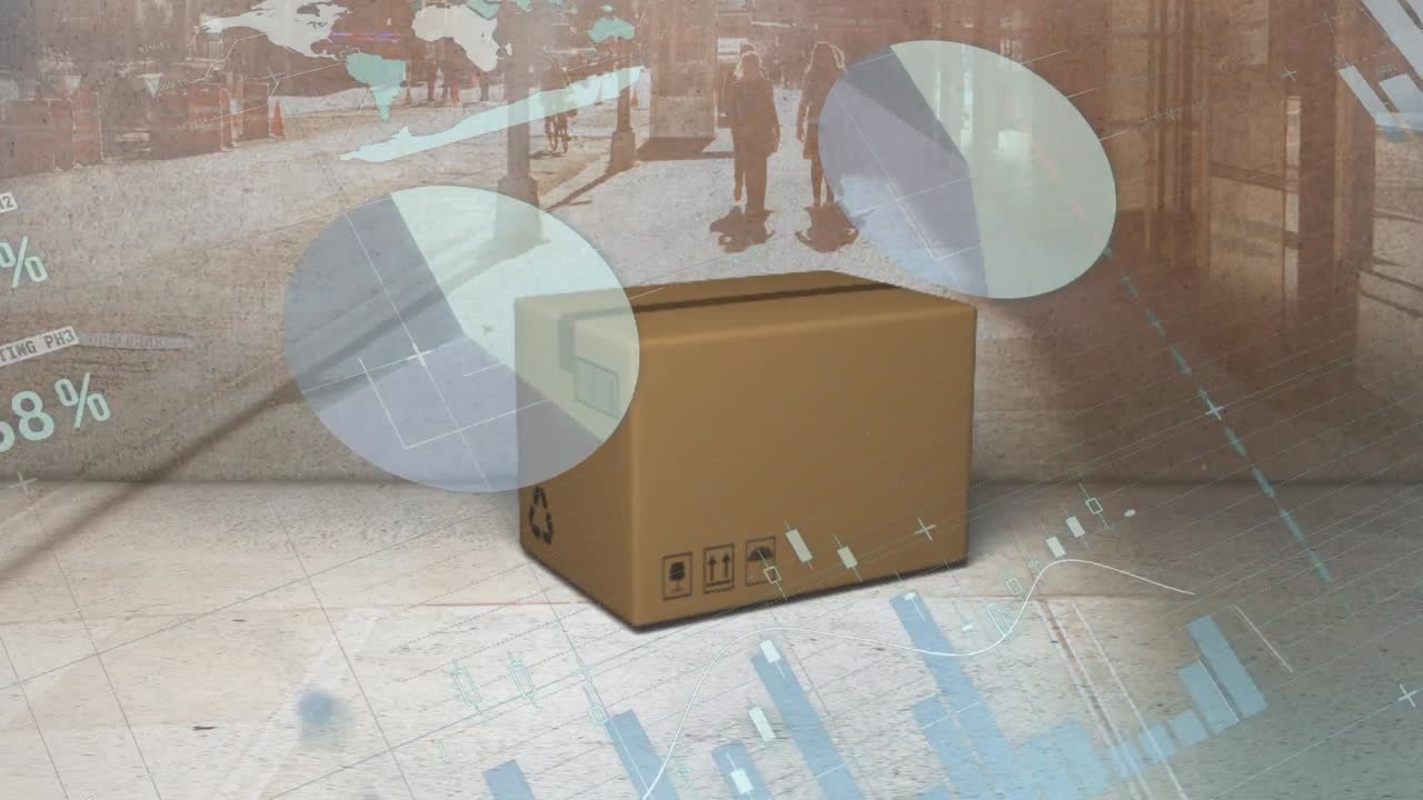 카드보드 상자와 도시 풍경 위에서 통계 처리의 애니메이션