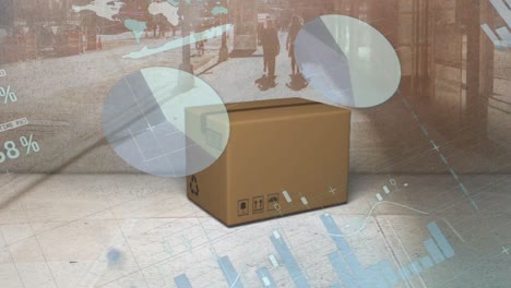 animation of statistics processing over cardboard box and cityscape