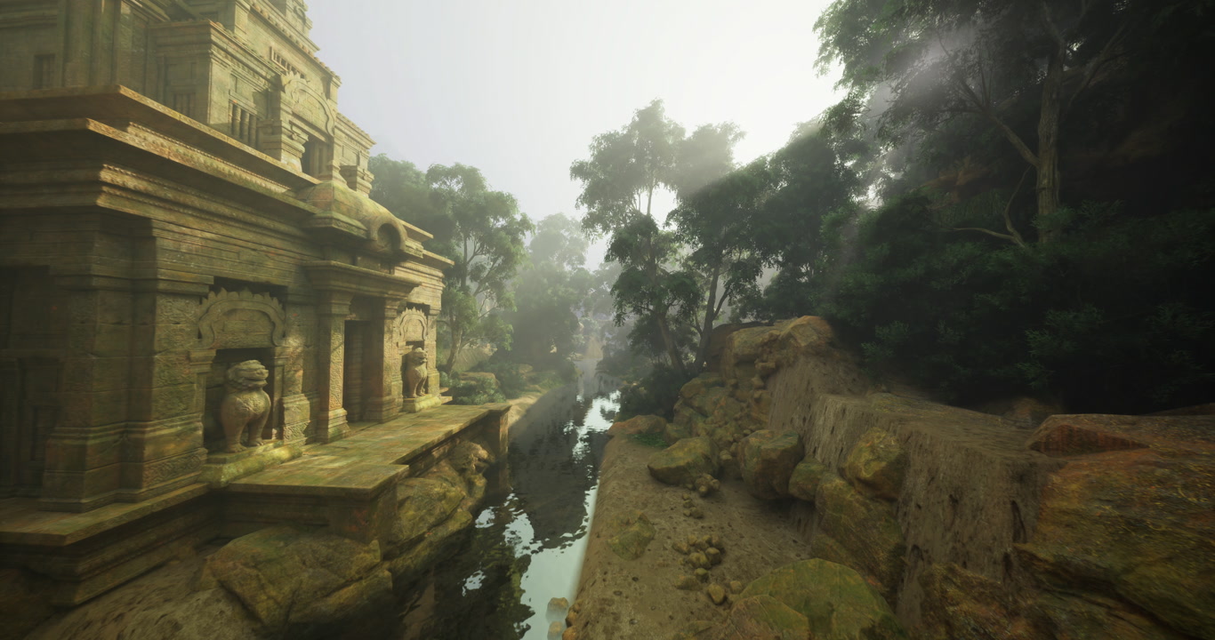 Eroded religious structure adjacent to reflective water body