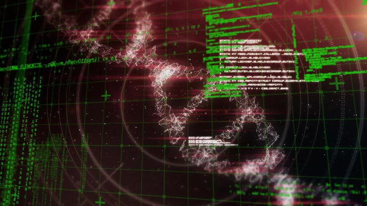 Animation af databehandling over DNA-streng på sort baggrund