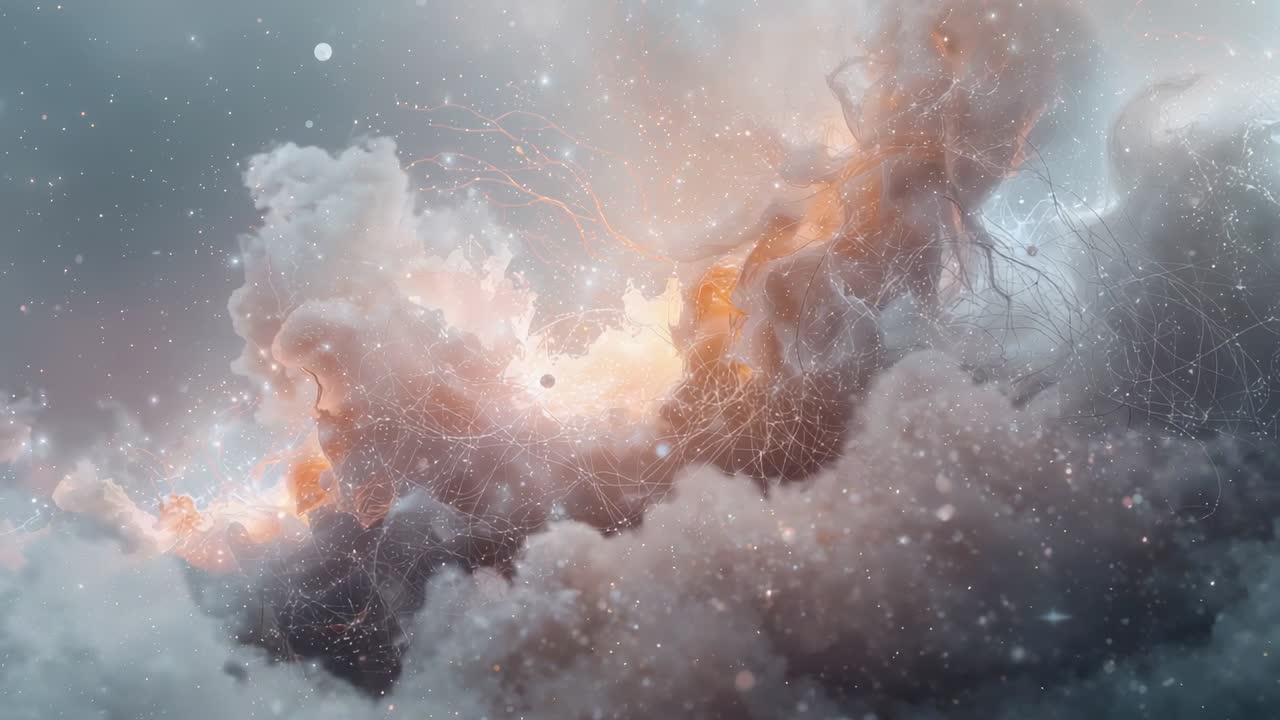 Brightening warm orange core revealing filaments in cosmic cloud, particles and dark speck drifting
