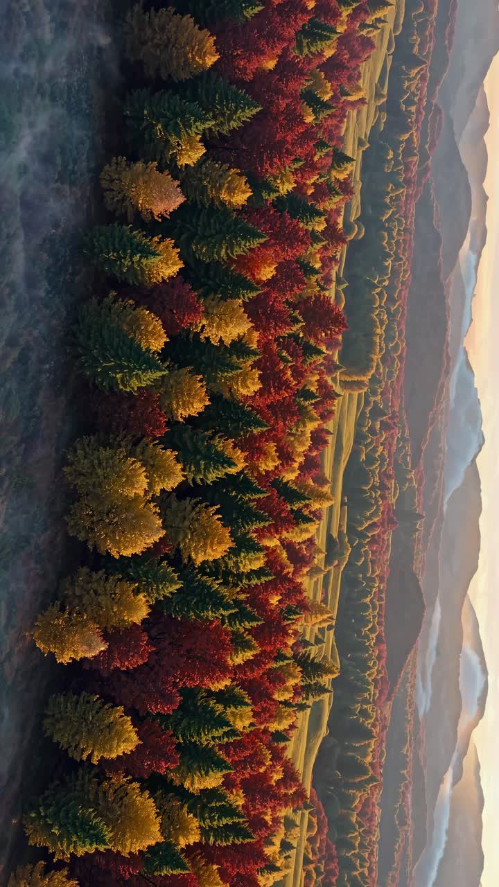 Vista video aerea di una foresta vivace con fogliame autunnale, che mostra un colorato arazzo di alberi.