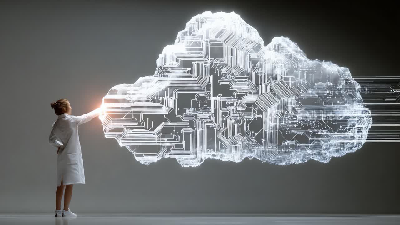 A Person Engaging with a Digital Cloud Displaying Circuitry, Representing Cloud Computing and Technological Innovation in a Modern Environment