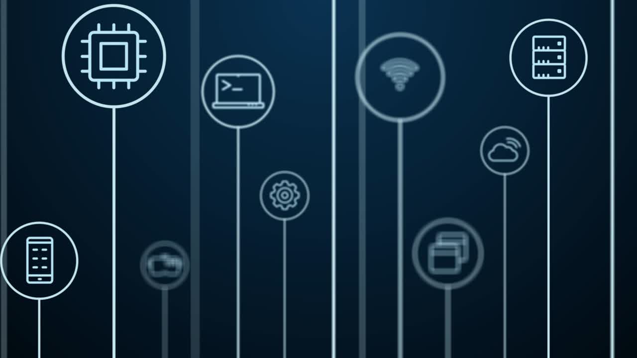 4K Abstract animation. Digital Technology, internet background. Moving pass through lines, circles and icons.