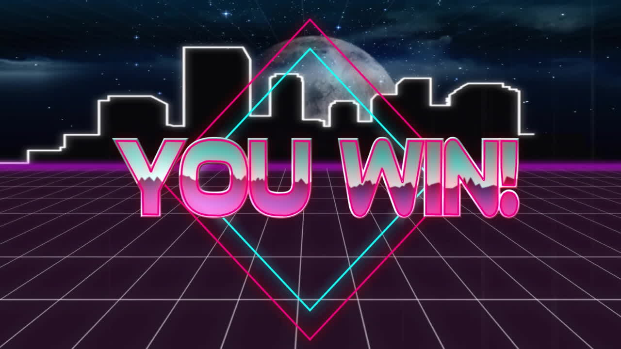 You win text animation over neon cityscape with grid pattern and moon