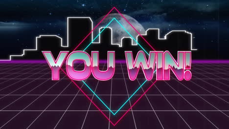 you win text animation over neon cityscape with grid pattern and moon