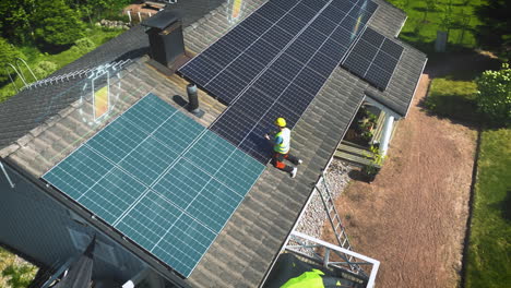 engineer testing and adjusting solar panels on a house roof - cgi render