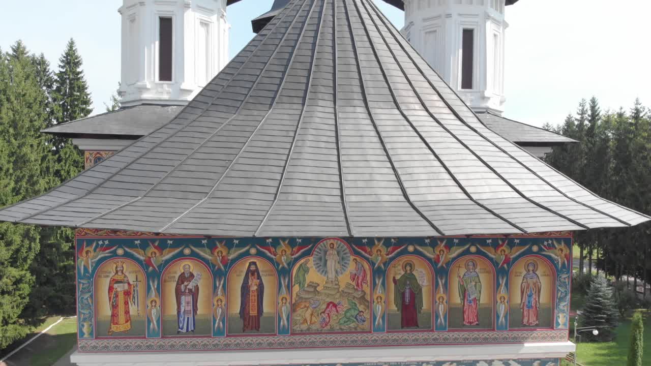 Monastery of St John Jacob Chozebite, Neamt, Romania. Christian Orthodox Church. Aerial Filming. Lifting
