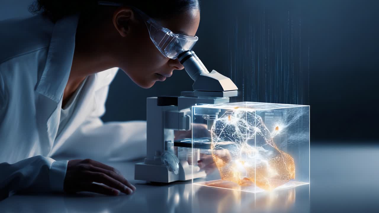 A focused scientist examines a dynamic 3D representation within a transparent cube, revealing intricate designs and vibrant colors through advanced microscopy techniques, showcasing innovation in research