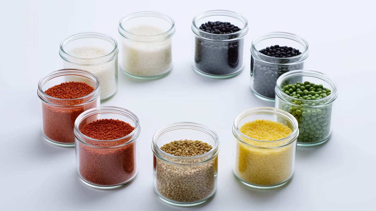 Diversi piccoli barattoli di vetro trasparenti riempiti con un misto di cereali, semi, fagioli e lenticchie sono disposti ordinatamente su uno sfondo bianco pulito in una luce soffusa e brillante.