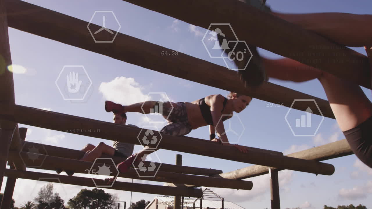 People climbing wooden obstacle course with data processing animation overlay