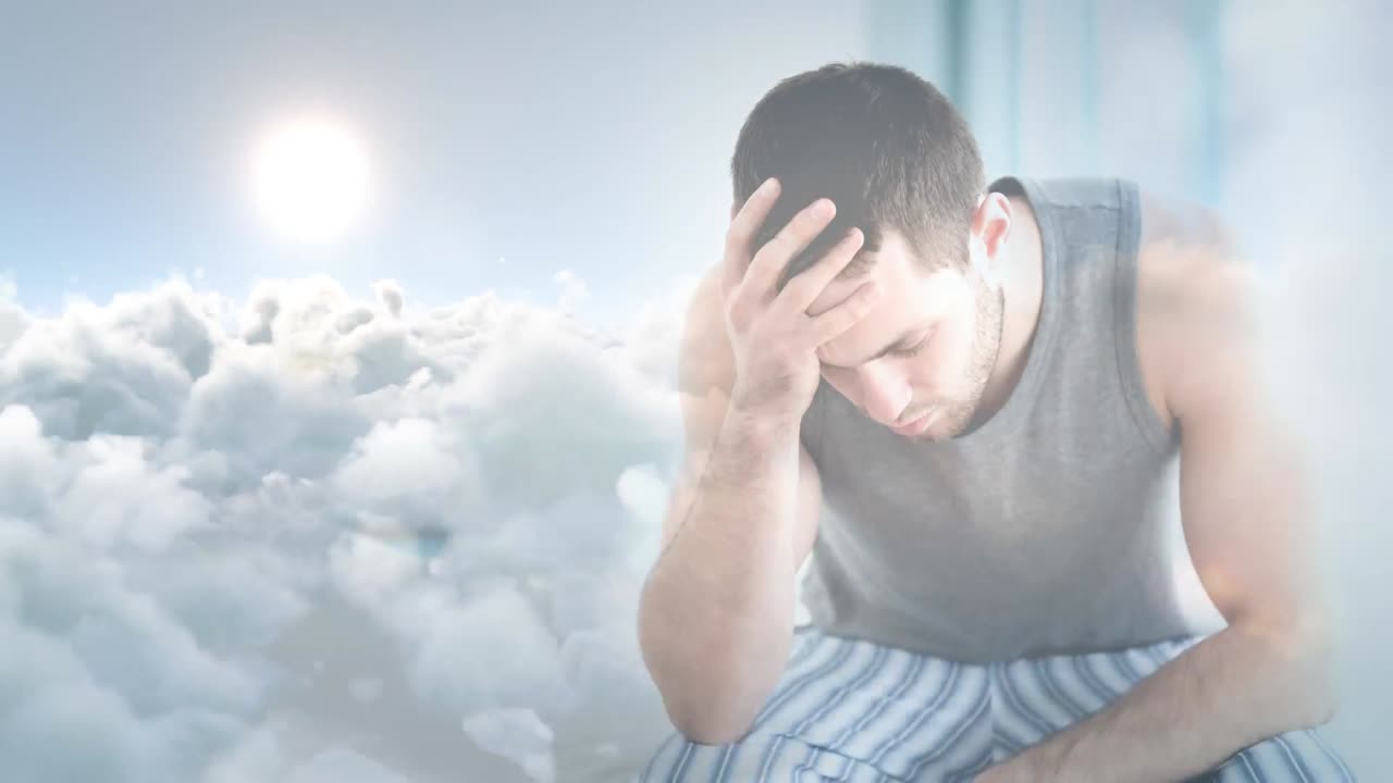 집에 앉아있는 걱정하는 남자의 디지털 애니메이션 4k