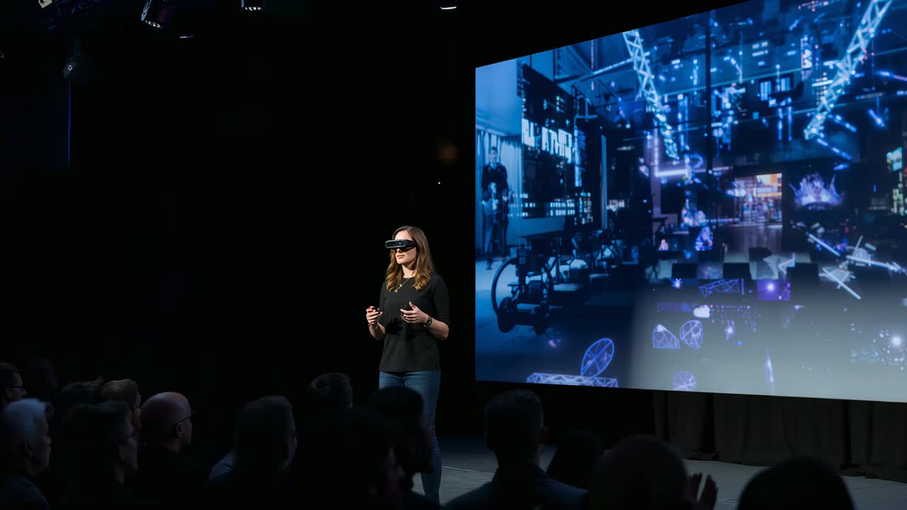Starting demo, woman wearing MR headset in jeans showing tech on stage, gesturing to blue holograms