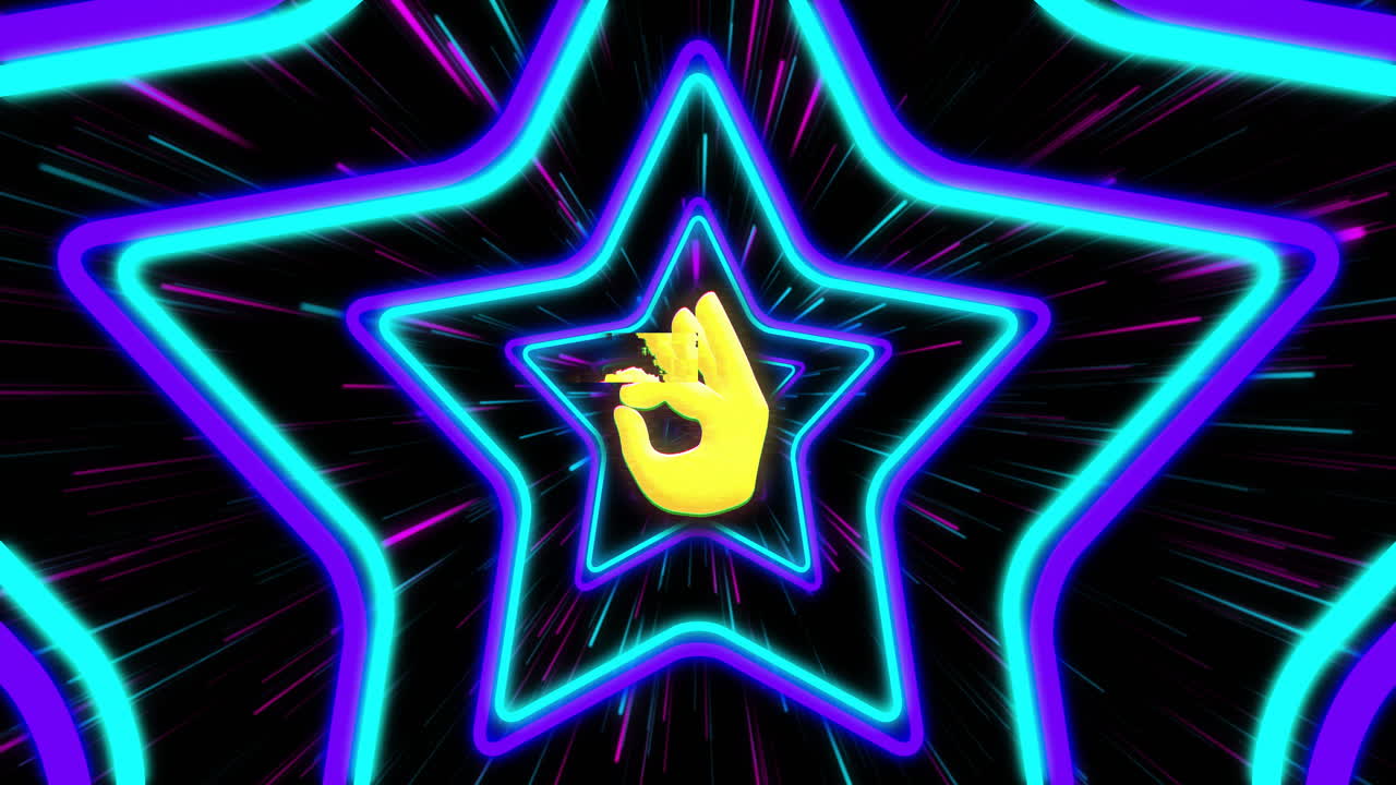 Neon star shapes animation with yellow hand gesture in center