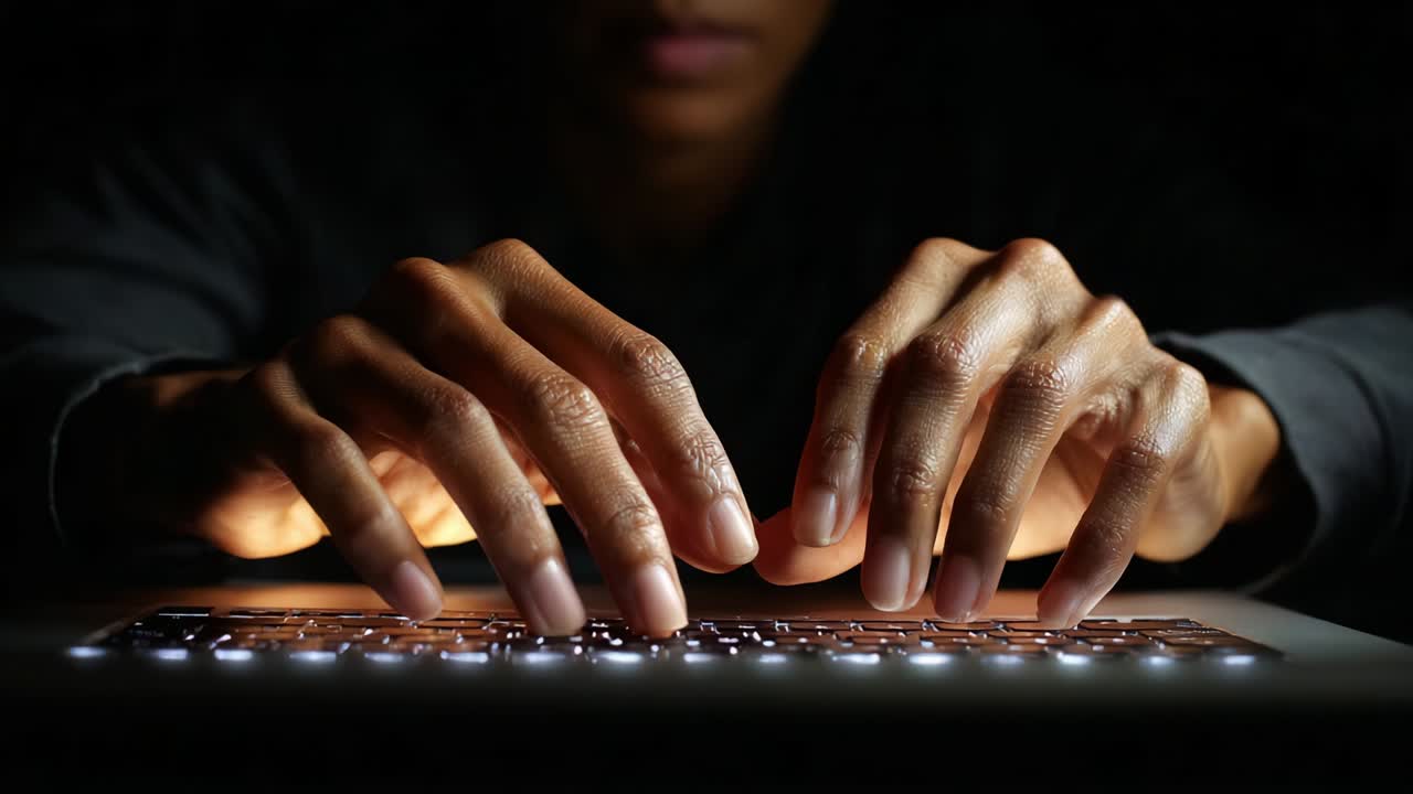 Illuminated keyboard typing in a dark setting showcases focused hands working diligently at a laptop, representing themes of productivity, technology, and the digital landscape in modern communication