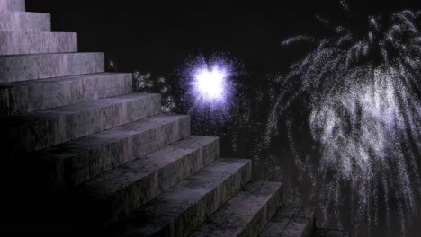 Animation-of-steps-with-white-christmas-and-new-year-fireworks-exploding-in-night-sky