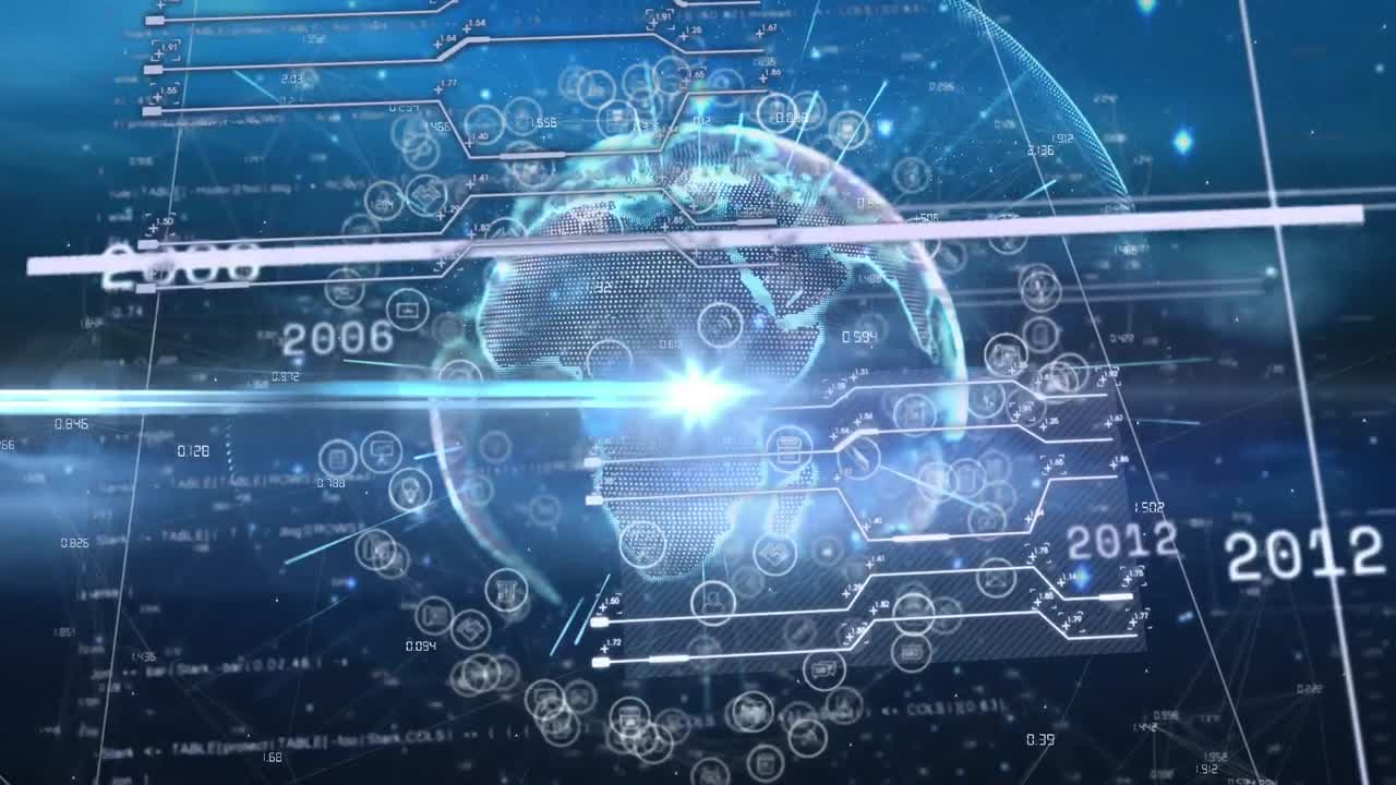 아이콘, 지도, 숫자 및 연도와 함께 움직이는 화면으로 조명 된 지구의 애니메이션