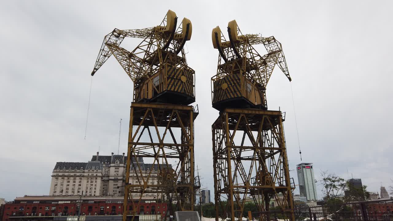 Low angle view of Industrial Dock Cranes at Puerto Madero Dockside, port panoramic view of Buenos Aires City Landamrk