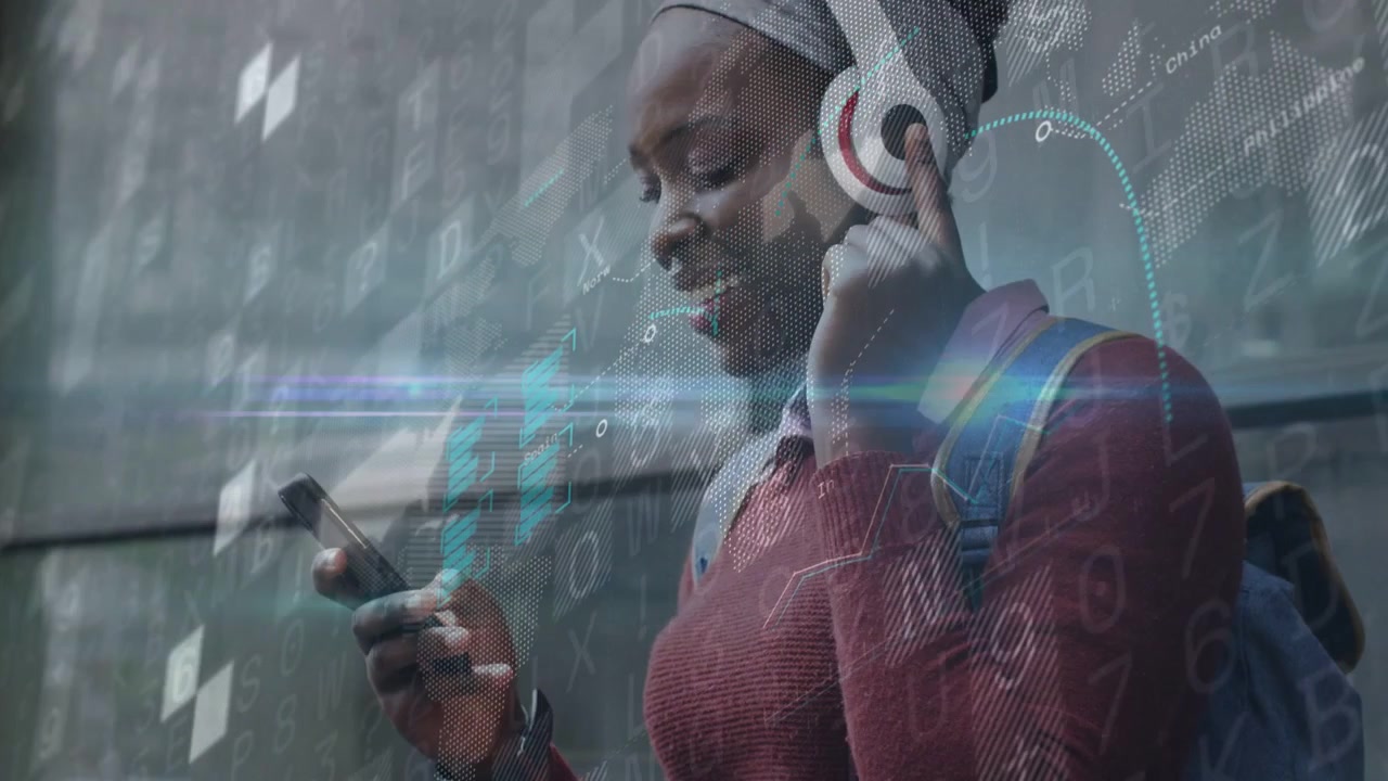 Commuter tapping phone, touching headset, pausing audio while tech charts on wall respond to taps