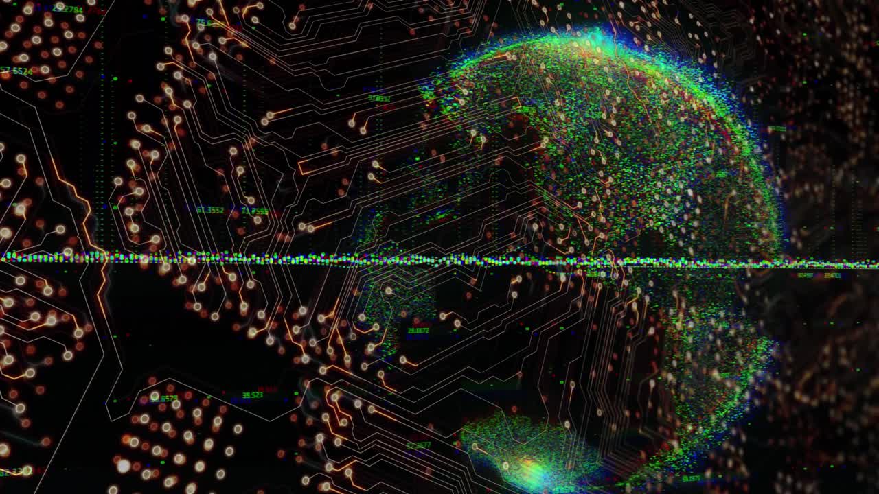 Animation of data processing and globe over computer circuit board on black background