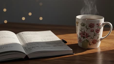 a tranquil morning scene featuring a mug of hot beverage and an open notebook captured in soft light with blurred fairy lights in the background