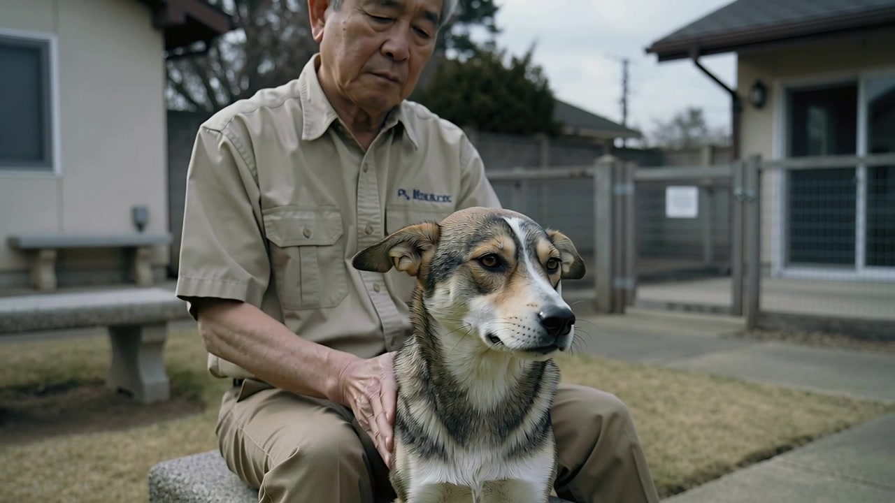Mani appoggiate su un cane, personale in abiti color kaki che massaggia le spalle su una panchina di pietra in un rifugio per calmare l'animale