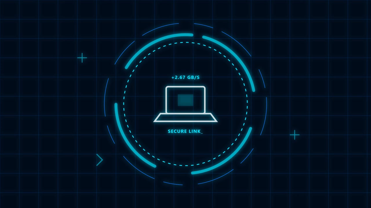 Interface de Link Seguro Digital com Ícone de Laptop e Animação de Transferência de Dados