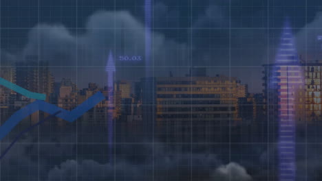 animación del procesamiento de datos financieros sobre el paisaje urbano