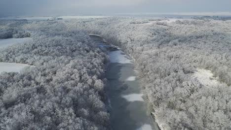 Río-Congelado-Revela-Vasto-Bosque-Cubierto-De-Nieve,-Antena-Inclinada-Hacia-Arriba