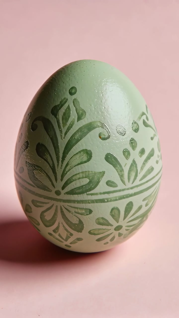 Rotating camera revealing lower floral band on pale green egg on pink surface, highlight shifting