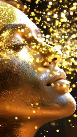 a woman's face is covered in gold dust, giving her a striking appearance. concept of glamour and luxury, as if the woman is a model or a character in a fantasy world