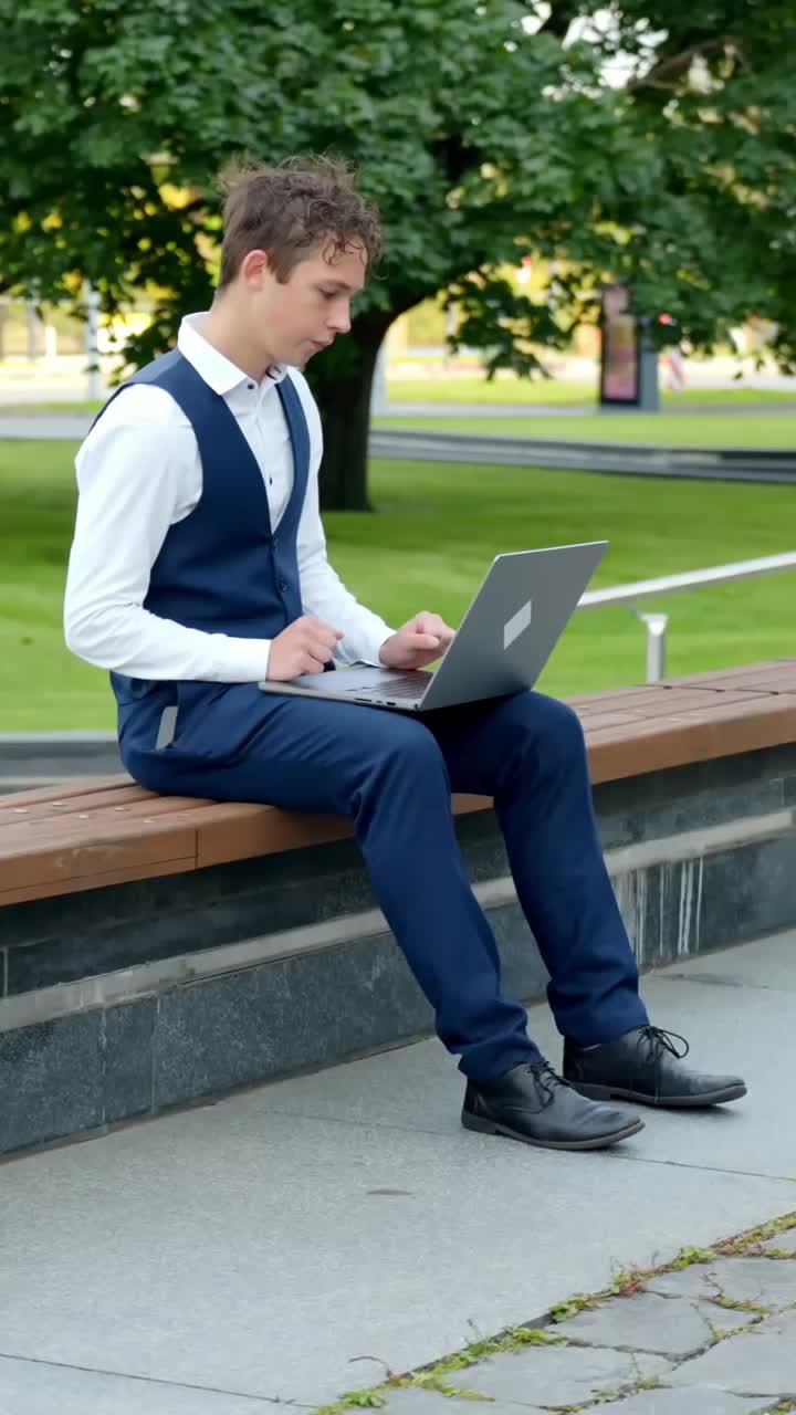 Vertical shot of a young businessman sitting on a city bench with a laptop on his lap worrying, outdoors in a green urban area, camera orbits around him
