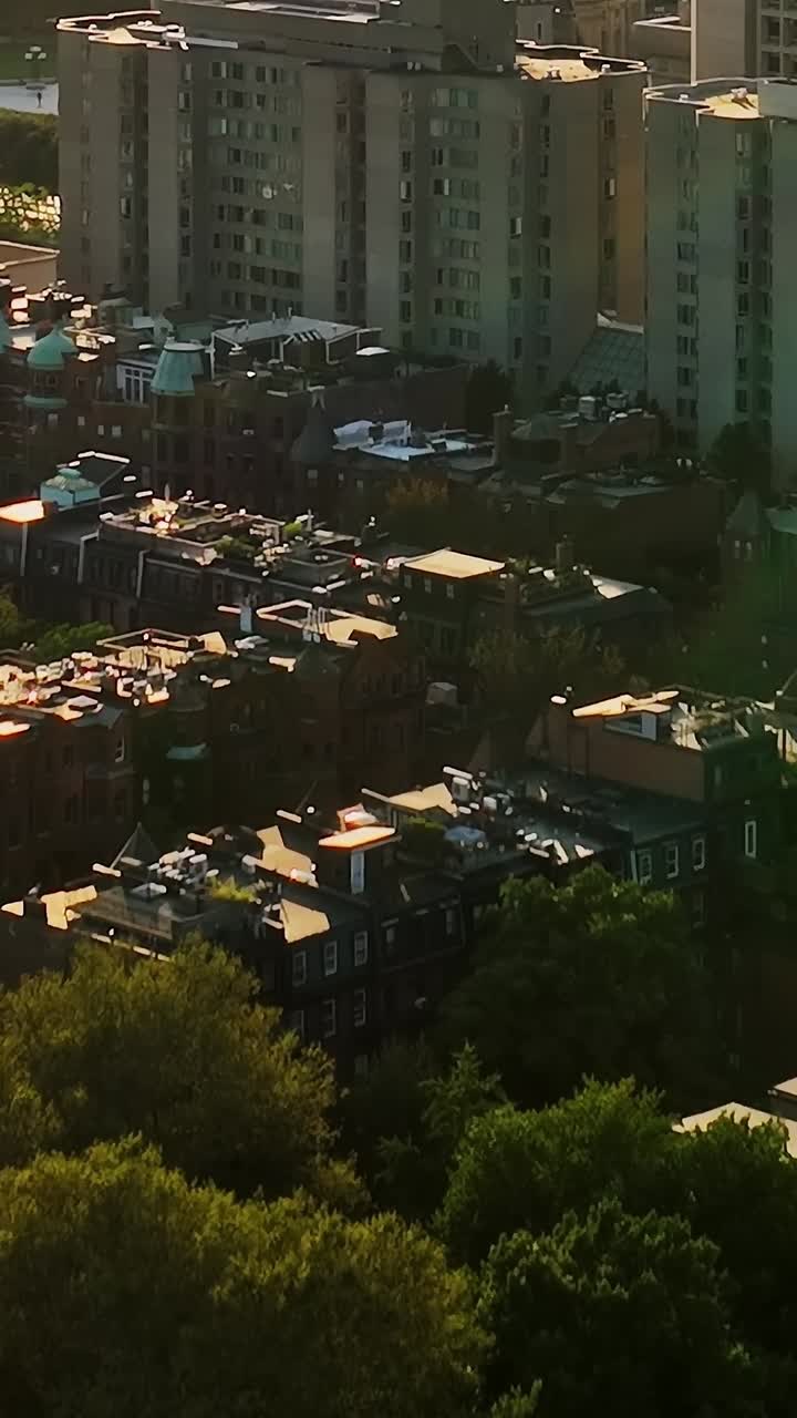Vista aerea del paesaggio urbano negli Stati Uniti durante il tramonto con edifici