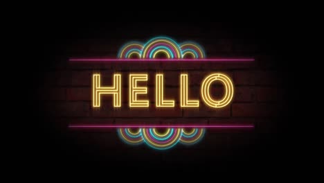 animación de la palabra hola en letras de neón con arco iris parpadeando en la pared de ladrillo negro en el fondo