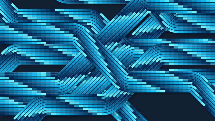 Intersecting network paths flowing slowly, blue segmented lines weave together in a futuristic display of technology and intricate digital architecture