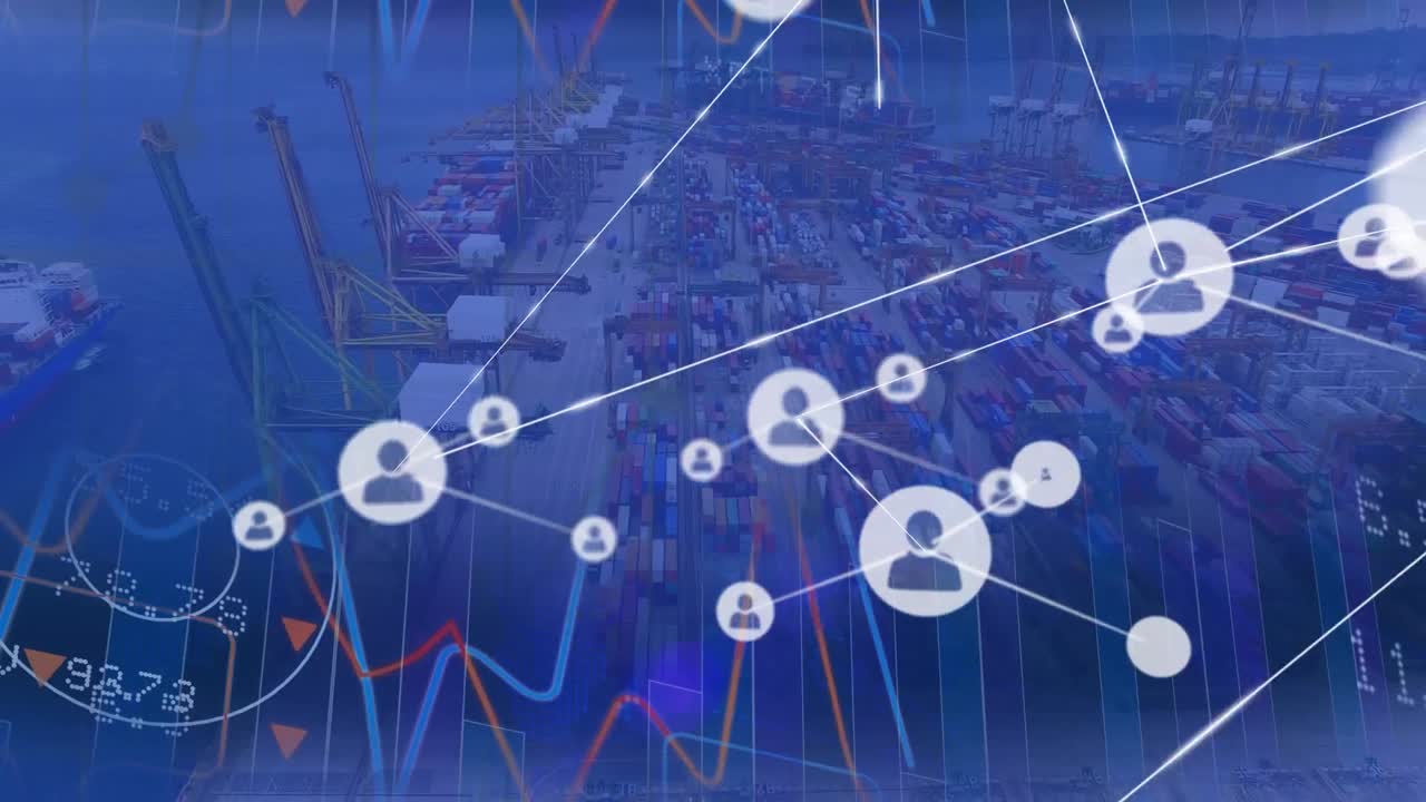 Animation of network of connections with icons, statistics over shipping yard