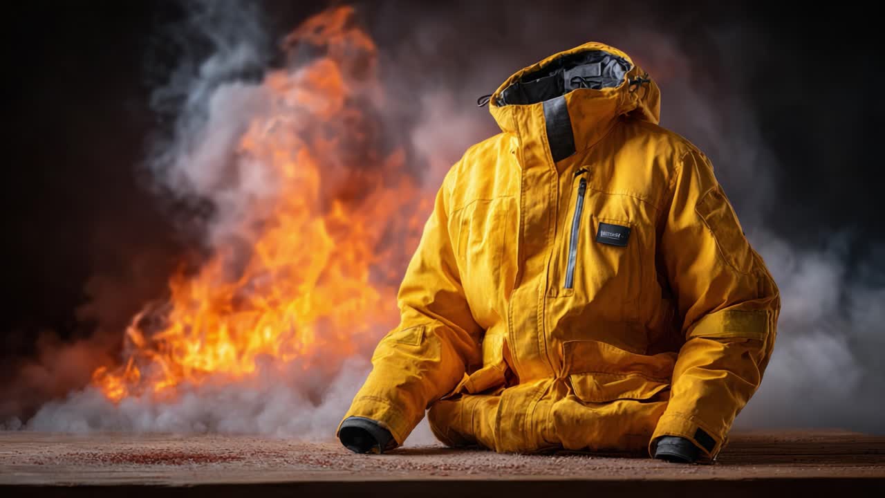 Et slående visuelt udtryk af en levende gul jakke midt i en dramatisk baggrund af flammer og røg, der skaber en intens kontrast mellem stof og ild-elementer.