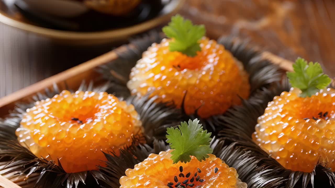 Four steamed shrimp eggs dumplings garnished with coriander leaves and black sesame seeds, served on sea urchin shells inside a wooden box, offer a sophisticated culinary experience