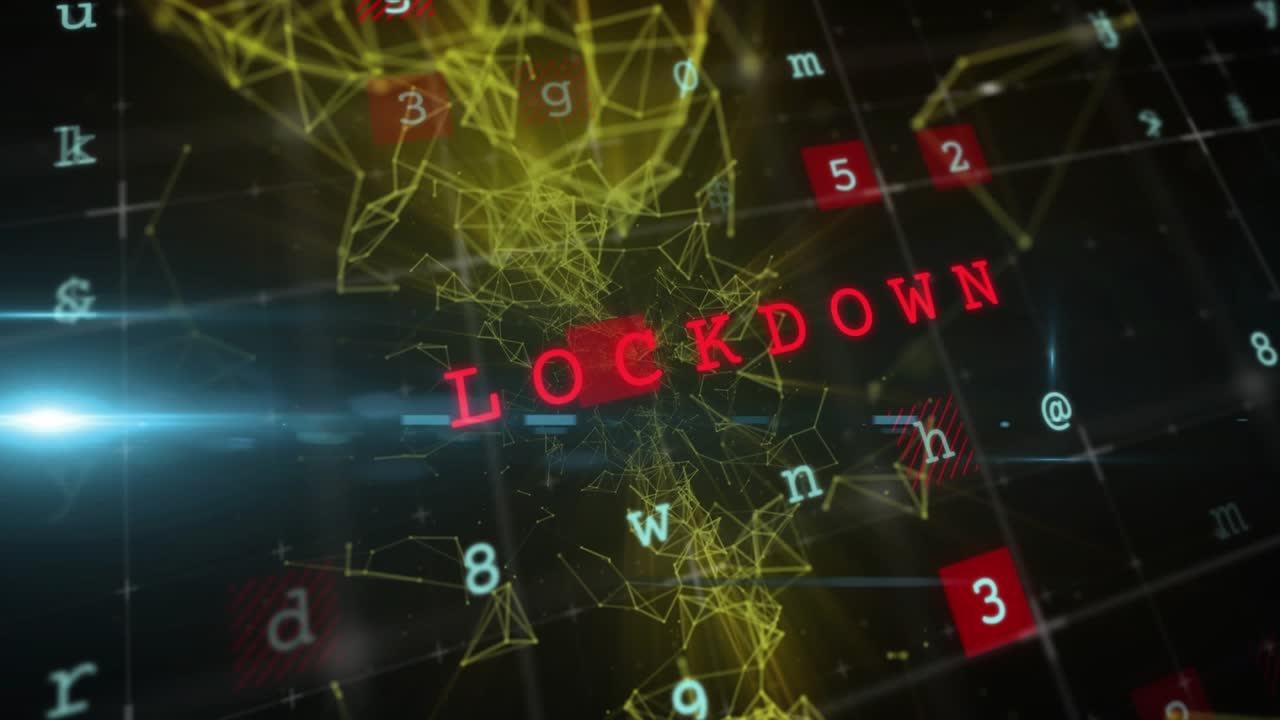 Animation of multiple text over letters, symbols, numbers against connected dots in background