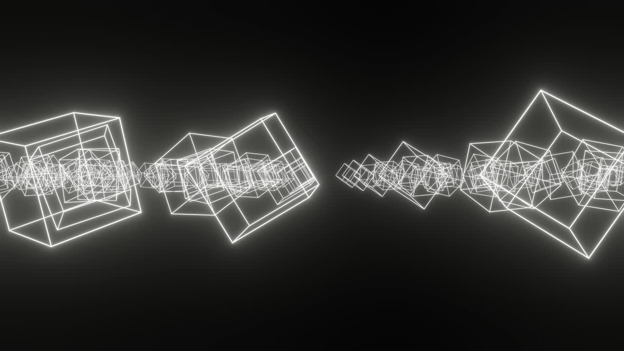 검은색 배경에 네온 빛나는 가장자리가 있는 색 큐브, 간단한 창의적 개념, 모션 그래픽, 원활한 루프, 애니메이션 배경