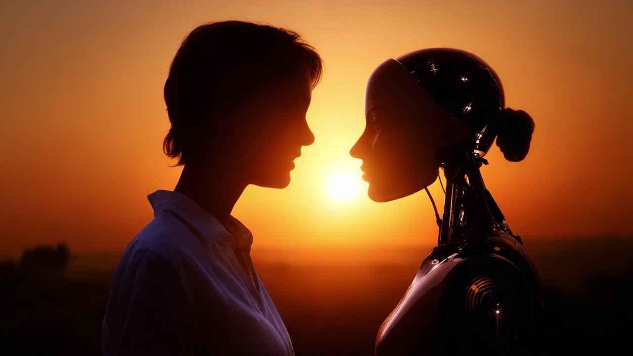 A poignant silhouette of a human and robot facing each other against a stunning sunset, capturing the essence of connection between humanity and artificial intelligence