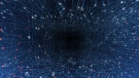 4k bucle sin costuras de tecnología de circuitos impresos concepto cibernético y futurista. placa de circuitos con electrones en movimiento. procesamiento de datos de cpu. animación de datos de pantalla de tecnología futurística hud.
